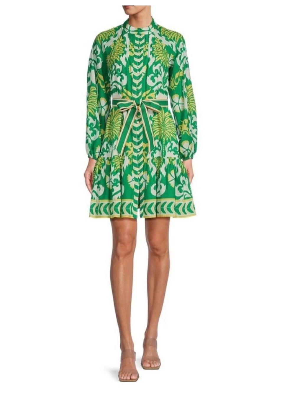 ANTONIO MELANI Green & Lime Botanical Long-Sleeve Tie-Waist Mini Dress